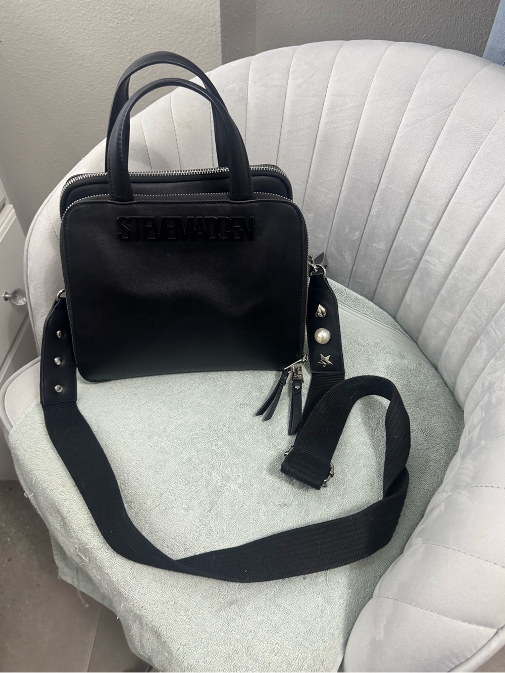 Steve Madden Black Leather Top-Handle Messenger with Studded Strap